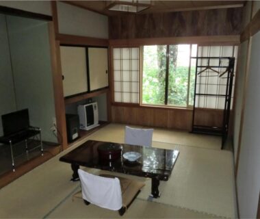 Tatami room with low table, shoji screens, TV and garden view at Onsen Minshuku Sakaeya, Iwate