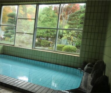 Tiled indoor onsen bath with large window overlooking garden and trees at Onsen Minshuku Sakaeya, Iwate