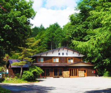 Two-story wooden ryokan with entrance and gravel drive nestled among dense green trees in Nagano, Chūbu region
