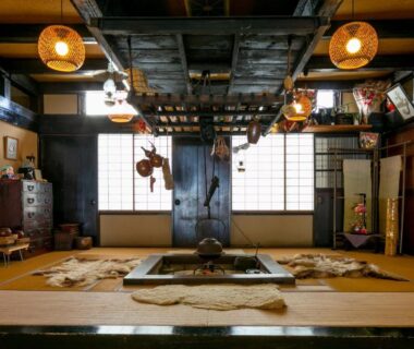 Irori hearth and tatami seating with shoji screens at Onyado Hisui in Chūbu, Gifu, Japan