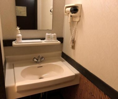 Small washbasin with mirror, wall-mounted hairdryer, soap dispenser and cup in ryokan bathroom