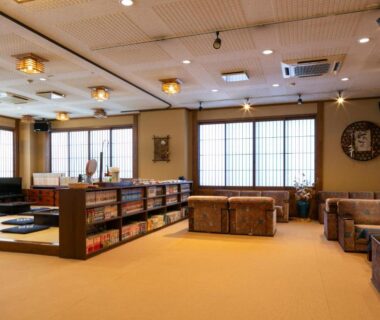 Spacious communal lounge with low seating, bookshelves and shoji windows at Onyado Hisui in Gifu, Chūbu