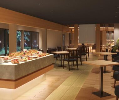 Buffet dining area with wooden interior and lounge seating at Onyado Satsuki, Kumamoto, Kyushu, Japan