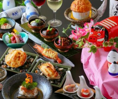 Assorted small dishes and sake at Ooedo Onsen Monogatari Aizu in Fukushima, Tōhoku