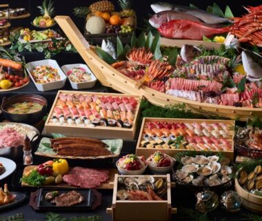 Extensive seafood and sushi spread at Ooedo Onsen Monogatari Miyoshiya, Hyogo, Japan