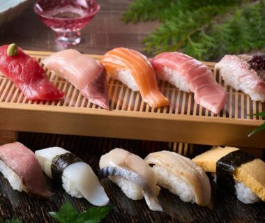 Nigiri sushi on wooden board at Ooedo Onsen Monogatari Miyoshiya, Hyōgo, Kansai