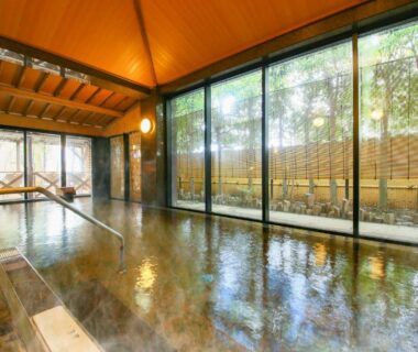 Indoor onsen bath with wooden interior and floor-to-ceiling windows overlooking bamboo garden at Ooedo Onsen Monogatari Premium Atami