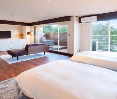 Bright twin bedroom with sofa and TV, balcony wooden tub, Ooedo Onsen Monogatari Premium Enakyo Gifu