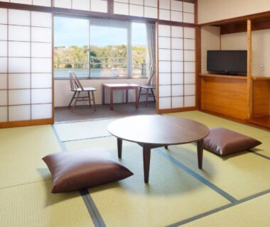Traditional tatami room with low table, floor cushions, shoji screens and window seating at Ooedo Onsen Monogatari Enakyo, Gifu