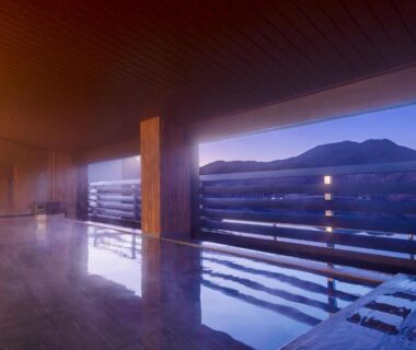 Covered onsen bath with wooden interior and mountain view at Ooedo Onsen Monogatari Premium Enakyo in Gifu Chūbu