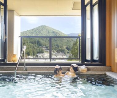 Guests soaking in indoor onsen with mountain view at Ooedo Onsen Monogatari Premium Gero Honkan, Gifu