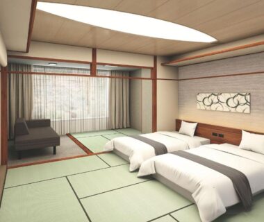 Tatami room with twin beds, shoji window, seating area in Ooedo Onsen Monogatari Premium Ikaho, Gunma