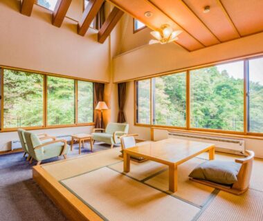 Tatami room with low table, floor cushions and large windows overlooking green hillside at Ooedo Onsen Monogatari Premium Ikaho, Gunma