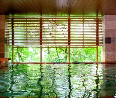 Indoor onsen with wooden blinds and green garden view at Ooedo Onsen Monogatari, Kinugawa, Tochigi