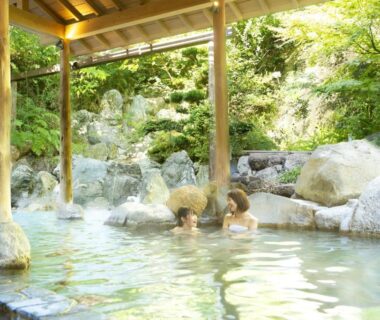 Two guests in a covered outdoor onsen with rock features and lush greenery at Shirahama, Wakayama