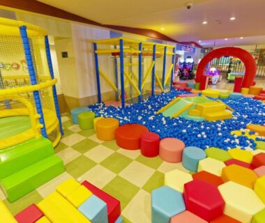 Colorful indoor children's play area with ball pit and soft blocks at Ooedo Onsen Monogatari Premium Shirahama Saichoraku Wakayama