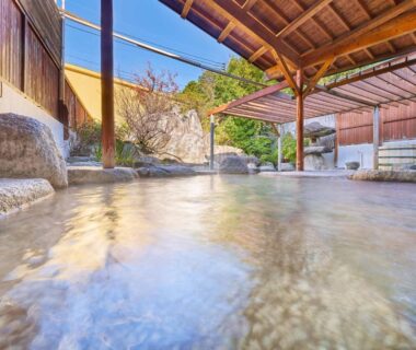 Steaming outdoor onsen bath with wooden roof and rock edging at Ooedo Onsen Monogatari Ureshinokan Saga