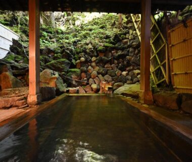 Covered rock-lined onsen bath with wooden edge at Osakaya Ryokan, Gunma, Kantō, Japan