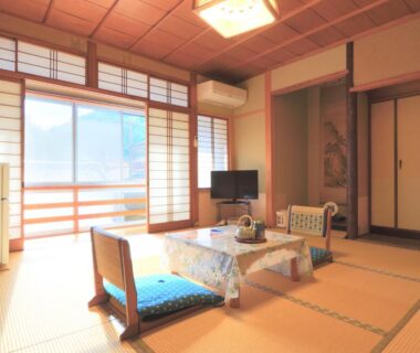 Traditional tatami room with low table, Ougiya Ryokan, Hyōgo Prefecture, Kansai region