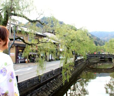 Guest in yukata gazing at willow-lined canal and riverside town near Ougiya Ryokan, Hyōgo