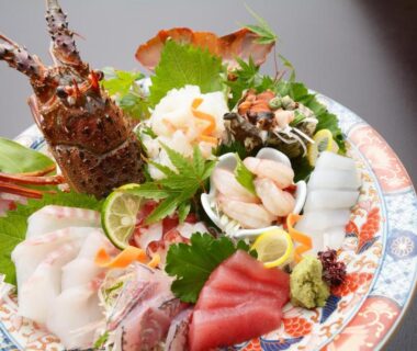Assorted sashimi platter with lobster, tuna and squid served at Owase Seaside View in Mie