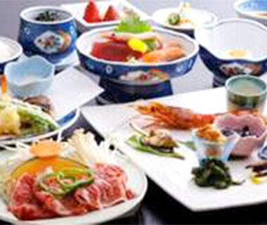 Assorted traditional Japanese multi-course meal with sashimi and small dishes at Oyado Hachibei in Gifu, Chūbu