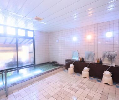 Communal tiled bathing area with showers and soaking pool at Oyado Hachibei, Chubu Gifu