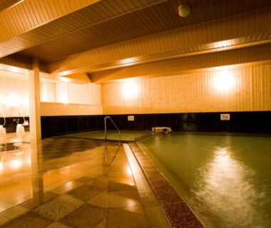Indoor onsen with wooden walls, tiled floor, handrail steps and washing stations at Oyado Kinkiyu Annex in Hokkaidō