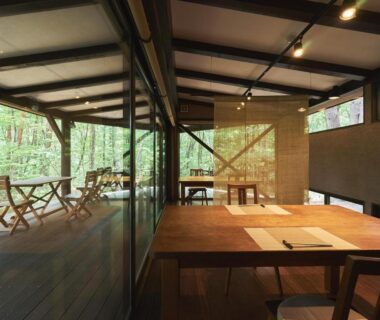 Dining area with wooden terrace overlooking forest at Oyado Nagomino, Nagano, Chūbu, Japan