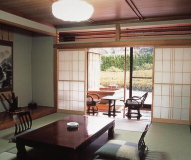 Tatami room with low table, shoji screens and veranda chairs, Oyado Sansui, Nagano Chubu Japan