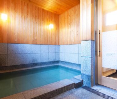 Wood-paneled indoor onsen with stone soaking tub and sliding wooden door, Oyado Yukizumi, Gunma