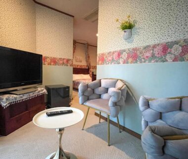 Small guest room with two upholstered armchairs, round table, flat screen TV and floral wall trim at Pension Balmy, Tochigi