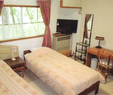 Twin beds with TV, desk and window in guest room at Pension Hakuba 70, Nagano