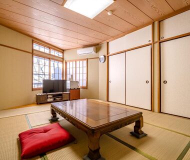 Tatami floor room with low wooden table, red cushions, sliding fusuma doors, TV and window