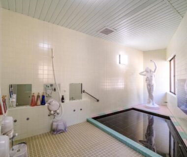 Tiled communal bathing room with soaking tub and shower stations at PiDDs Family 熱海, Shizuoka