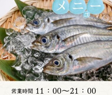 Fresh whole fish on ice beside Japanese menu and business hours at PiDDs Family 熱海, Shizuoka