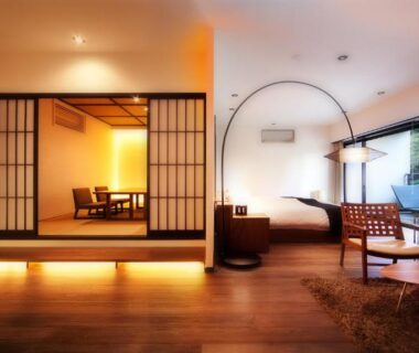 Raised tatami alcove with shoji screens and modern lounge, Hanare Matsushimakaku suite, Fukushima Tōhoku