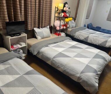 Three single beds with gray geometric duvets, TV and shelving with Mickey plush at Private Inn Bambee, Hyōgo