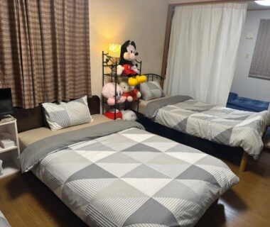 Twin beds with geometric bedding, Mickey Mouse plush and simple furnishings in Private Inn Bambee, Hyōgo Kansai