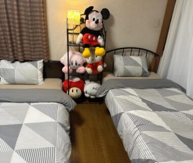 Twin beds with geometric bedding and stacked plush toys on shelf between beds, hardwood floor and curtained window