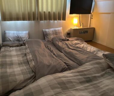 Futon-style bedding with plaid covers, bedside lamp and TV in Private Inn Bambee room, Hyogo, Kansai