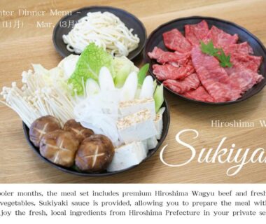 Plates of sliced beef, mushrooms and vegetables for sukiyaki at Private stay MIYAJIMA tonbo-AND, Hiroshima