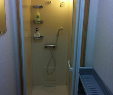Narrow shower cabin with handheld showerhead and wall shelves at Rakucho Ryokan, Kyoto