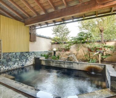 Covered stone onsen bath with wooden roof and garden at Rakusuien in Yamanashi