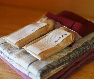 Folded yukata with wrapped accessories at Rangetsu ryokan, Kyoto, Kansai