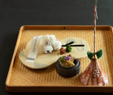 Tray with wagashi and small tea utensils at Rangetsu ryokan, Kyoto Kansai