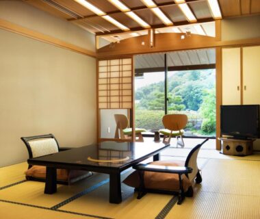 Traditional tatami room with low table and shoji screens at Rangetsu, Kyoto, Kansai, Japan