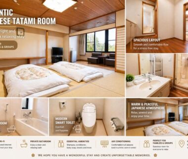Spacious tatami room with futons and shoji screens at Resort Project Myoko Kogen, Niigata, Chūbu