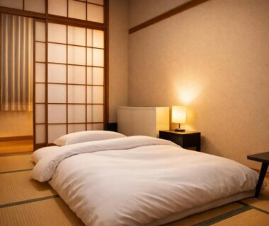 Traditional tatami room with futon, shoji screens and low table at Resort Project Myoko Kogen, Niigata