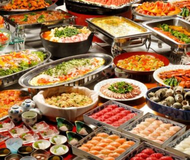 Assorted sushi and hot dishes buffet at Riverside Uedakan in Nagano, Chūbu region